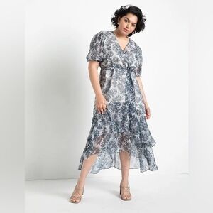 EUC Women’s Eloquii Brand Size 14 Floral Flower Print Hi Low Sheer Ruffle Dress